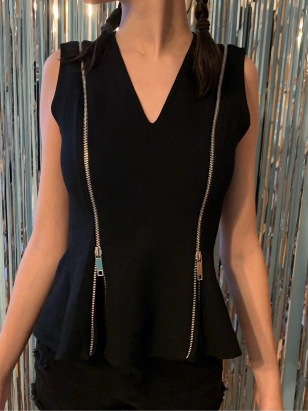 Zara Black Sleeveless V-Neck Peplum Tank with Silver Zippers